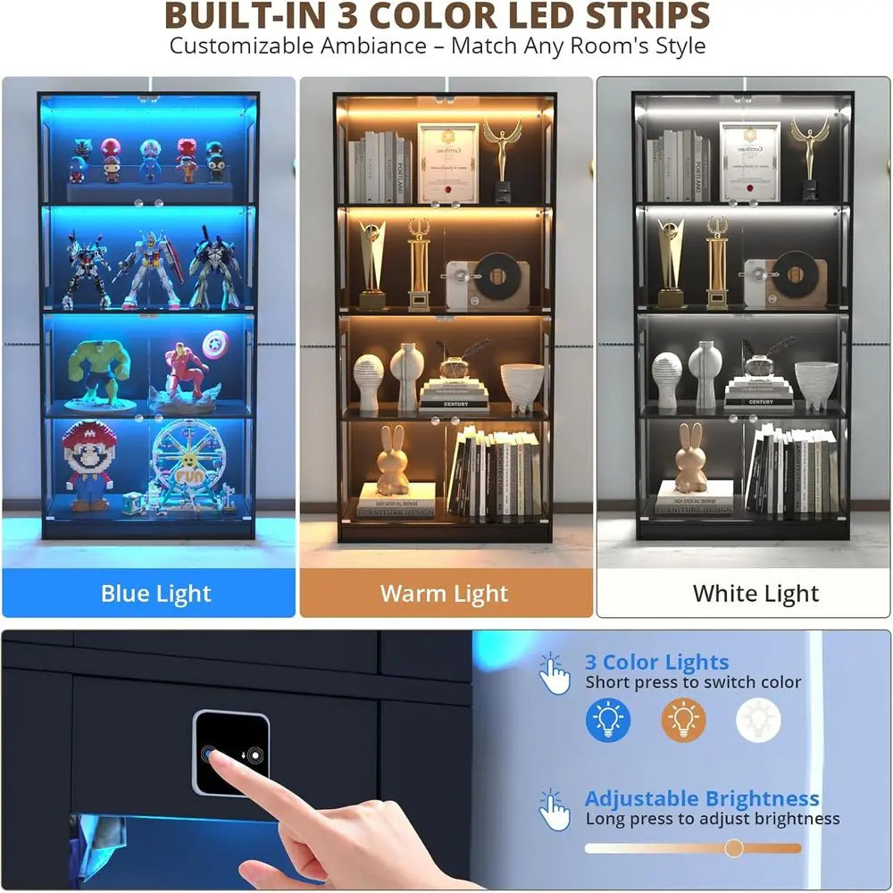 65 Glass Door Display Cabinet, 4-Tier Curio with Sensor Lighting, Living Room Bookcase Storage