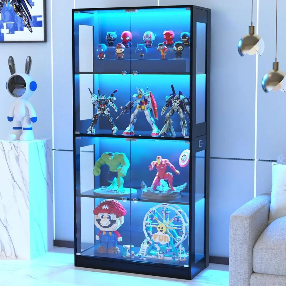 65 Glass Door Display Cabinet, 4-Tier Curio with Sensor Lighting, Living Room Bookcase Storage