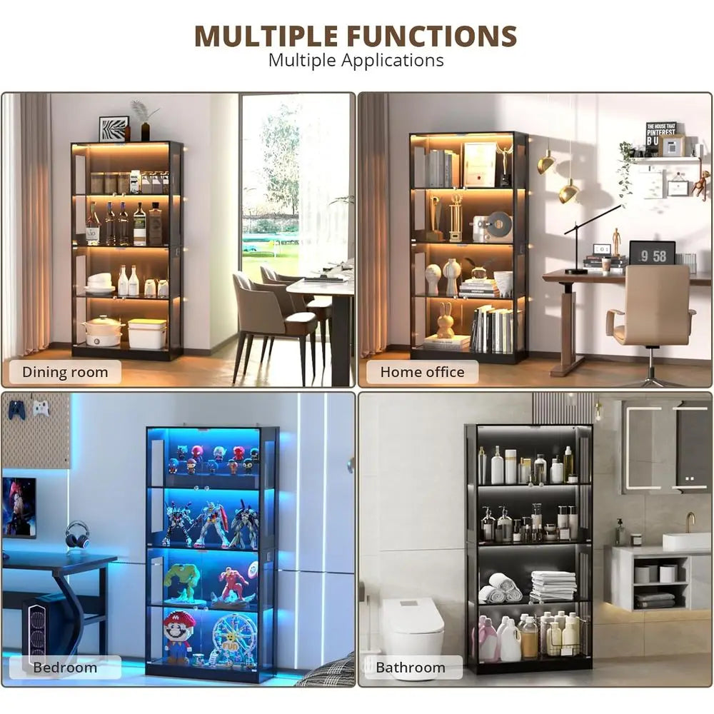 65 Glass Door Display Cabinet, 4-Tier Curio with Sensor Lighting, Living Room Bookcase Storage